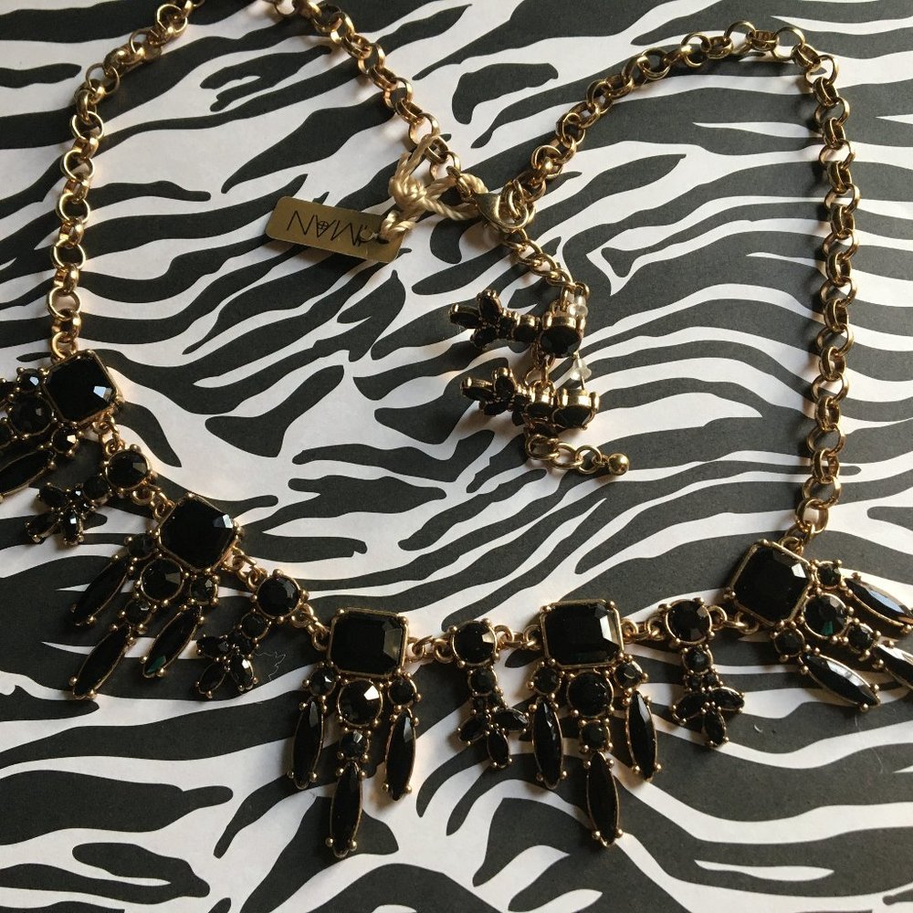 IMAN Black Goldtone Chain & Earrings Set